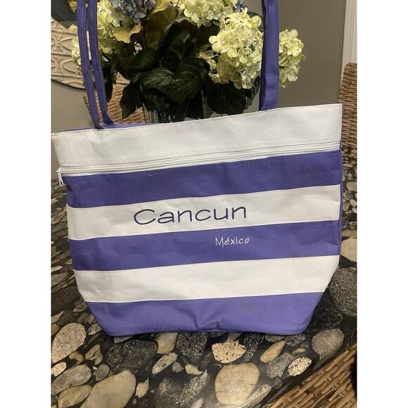 Cancun Mexico 18" Large Striped Beach Tote Bag, Purple, Zippered Beach Towel Bag - Picture 5 of 5